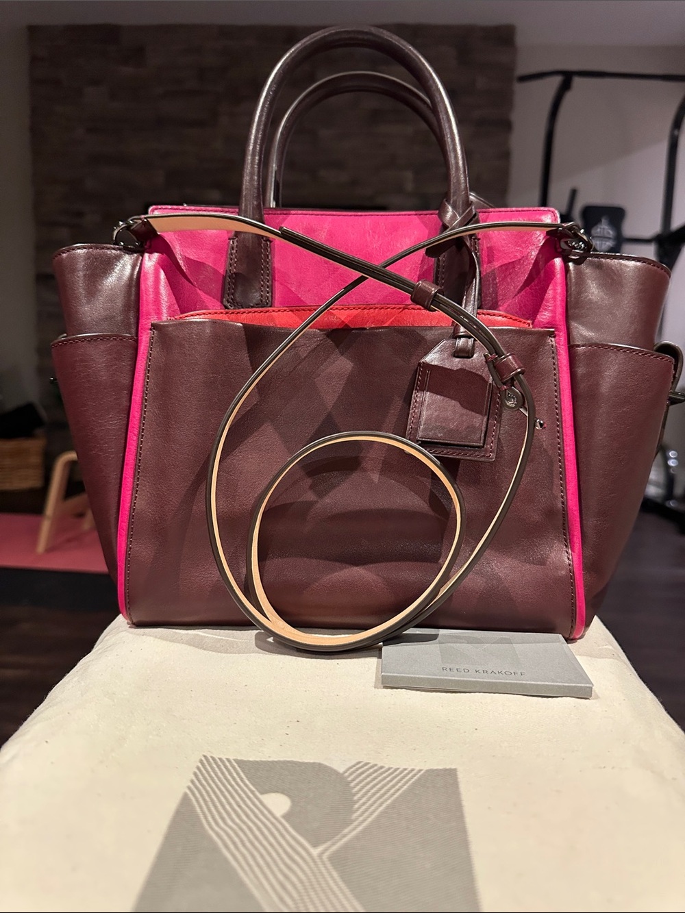 Reed Krakoff Fuchsia and Brown Two-Tone Leather Tote with Red Pouch
